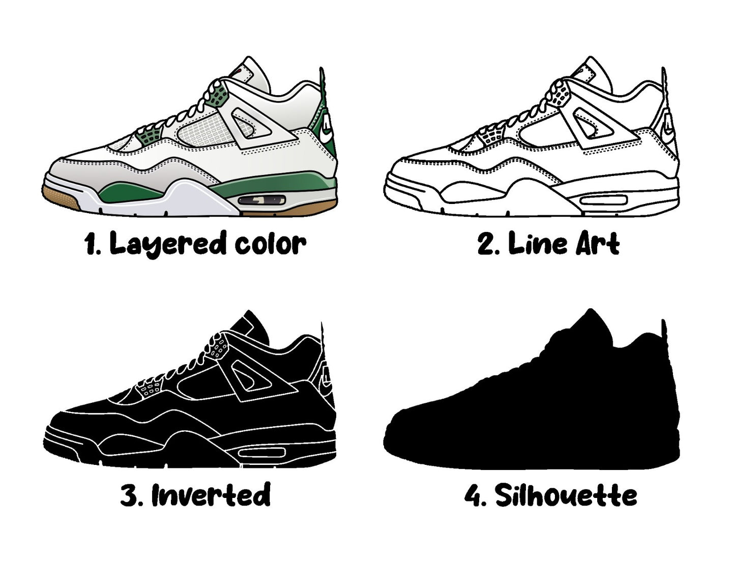 Nike SB x Air Jordan 4 Pine Green Sneakers SVG. 4 variations (color, silhouette, outline, Black & White). SVG, DXF, EPS, AI, PDF, PNG, JPG files