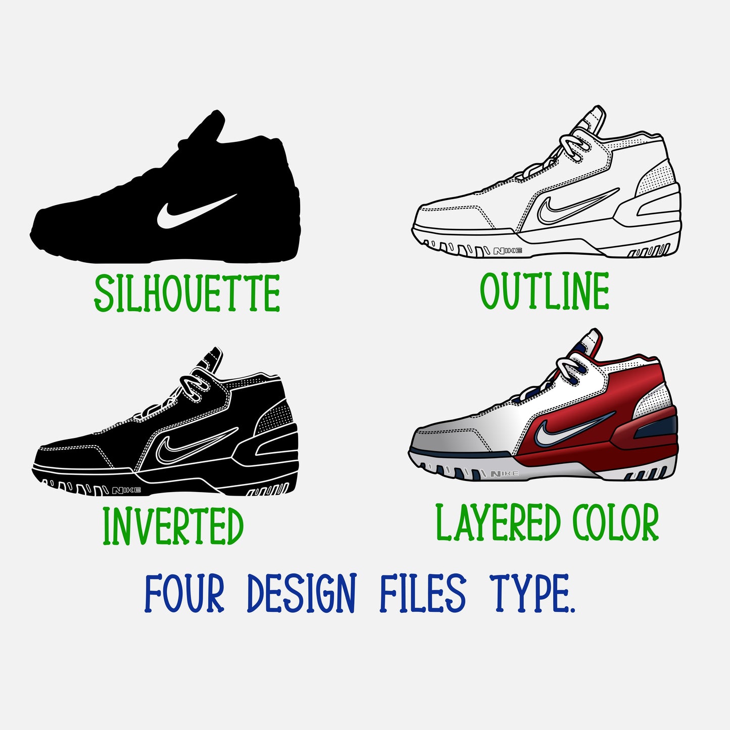 Nike Air Zoom Generation First Game Sneakers SVG. 4 variations (color, silhouette, outline, Black & White). SVG, DXF, EPS, AI, PDF, PNG, JPG files
