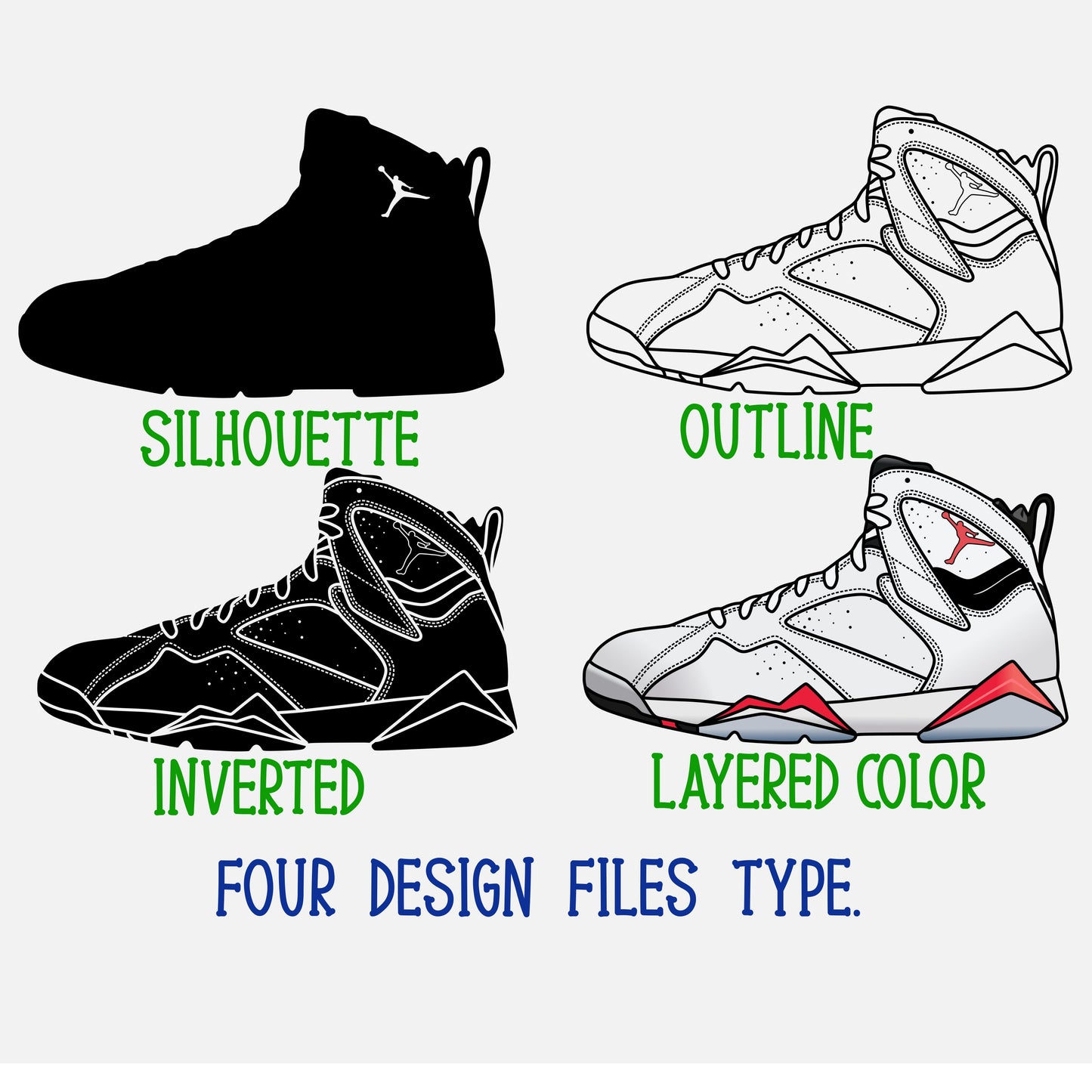 Air Jordan 7 Sneakers SVG. 4 variations (color, silhouette, outline, Black & White). SVG, DXF, EPS, AI, PDF, PNG, JPG files
