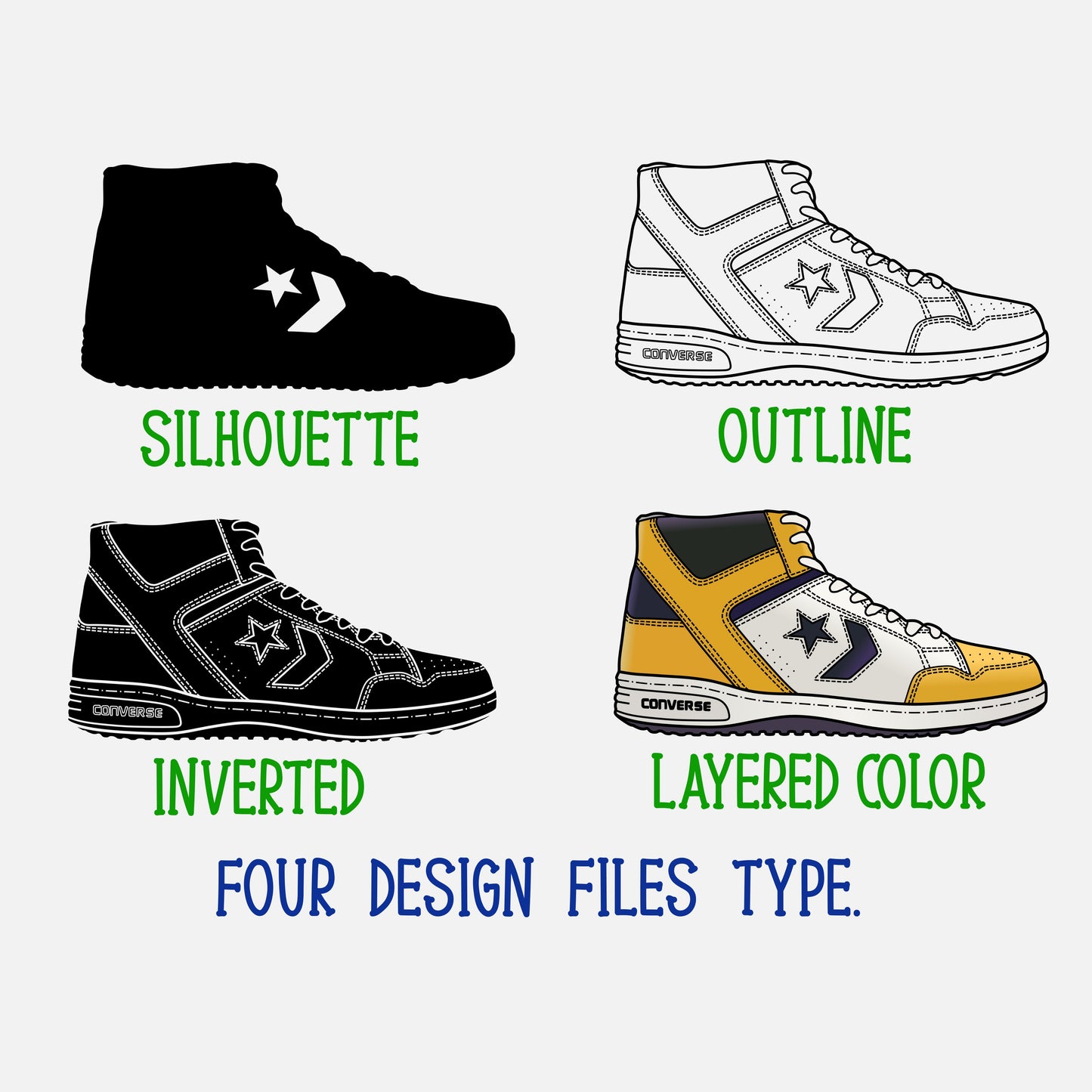 Converse Weapon Sneakers SVG. 4 variations (color, silhouette, outline, Black & White). SVG, DXF, EPS, AI, PDF, PNG, JPG files