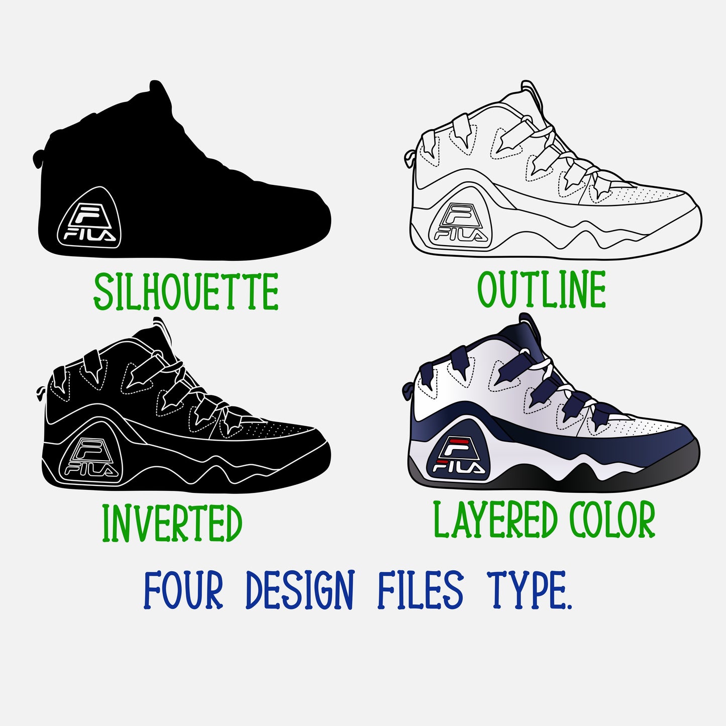 Fila Grant Hill Sneakers SVG. 4 variations (color, silhouette, outline, Black & White). SVG, DXF, EPS, AI, PDF, PNG, JPG files