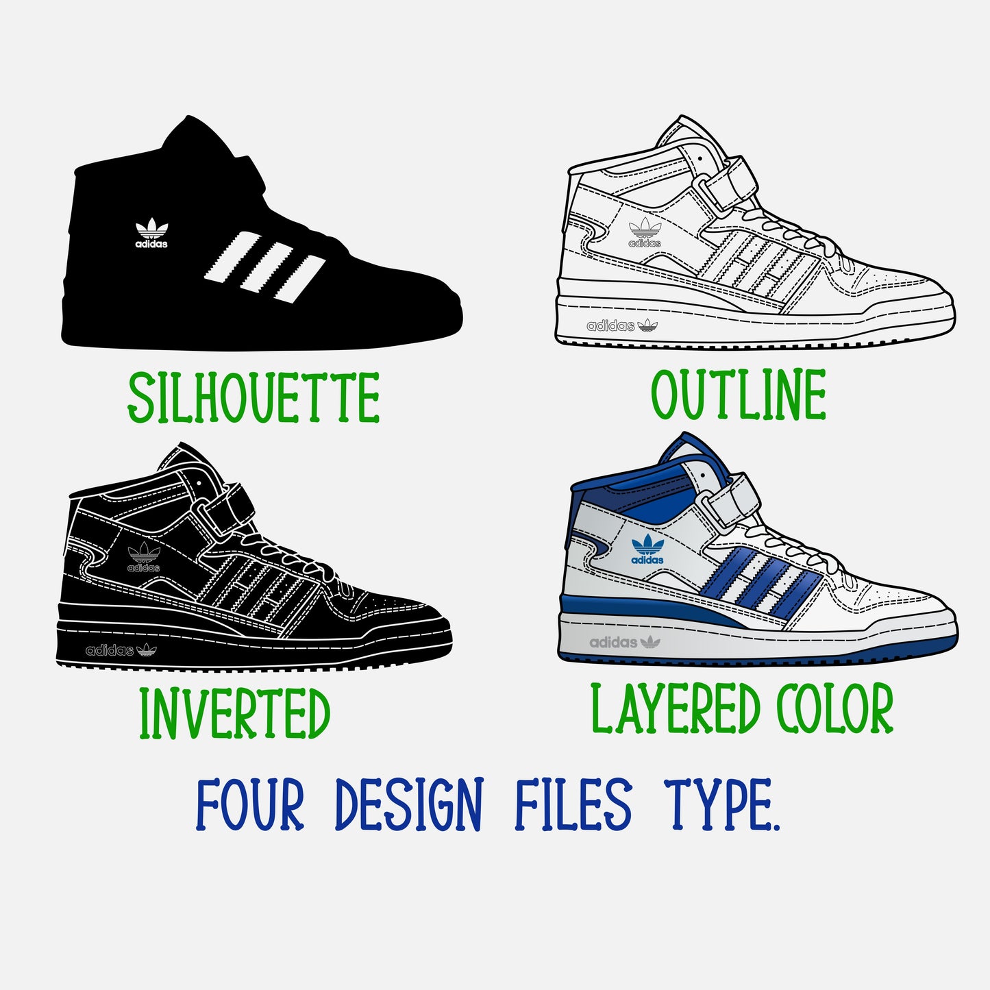 Adidas Forum Sneakers SVG. 4 variations (color, silhouette, outline, Black & White). SVG, DXF, EPS, AI, PDF, PNG, JPG files