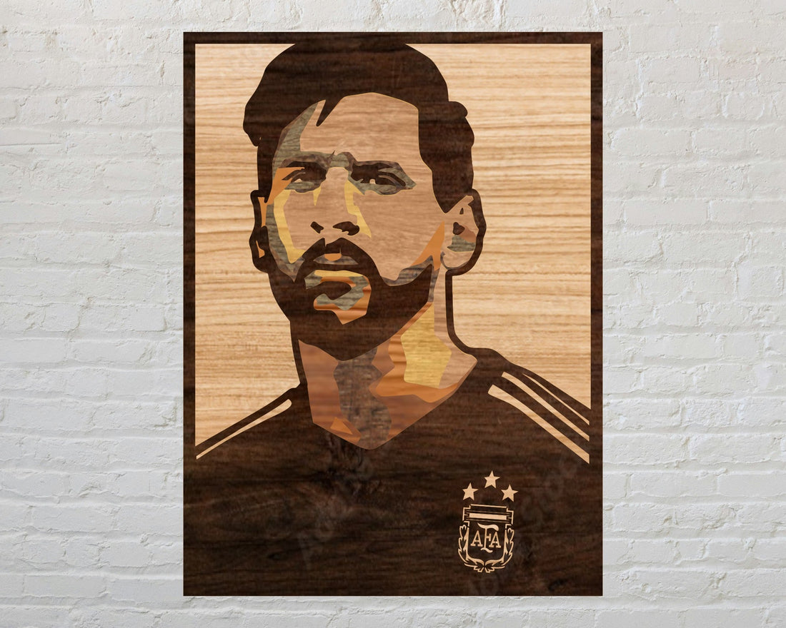 Layered wooden Lionel Messi portrait wearing an Argentina national team shirt with the AFA crest and three stars.