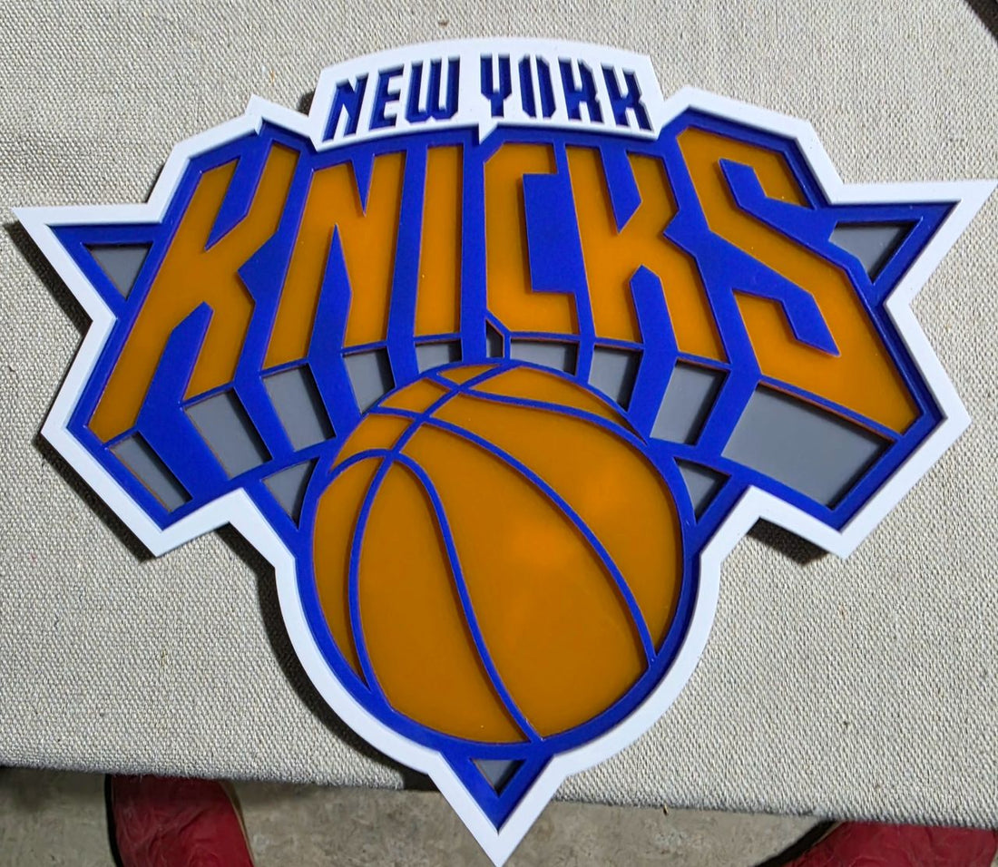 Finished layered New York Knicks sign in orange, blue and white