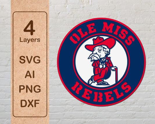 Ole Miss Rebels NCAA Football Team Design Logo Multilayer Laser Cut files svg dxf ai png