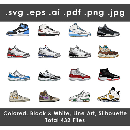Super Bundled 16 Sneakers Digital Files, Each 4 variations (color, silhouette, line art, Black & White). SVG, DXF, EPS, AI, PDF, PNG, JPG files