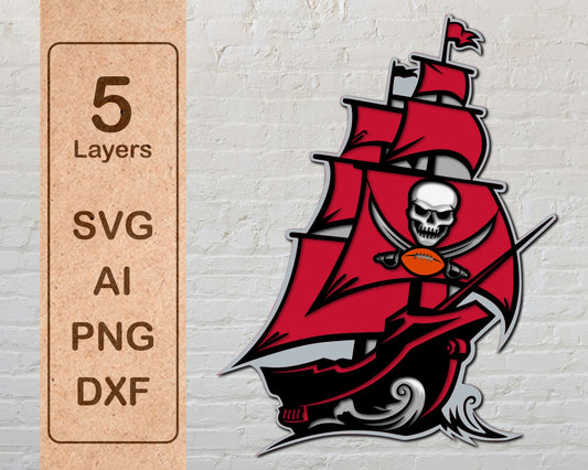 Tampa Bay Buccaneers With Ship NFL Team Design Logo Multilayer Laser Cut files svg dxf ai png