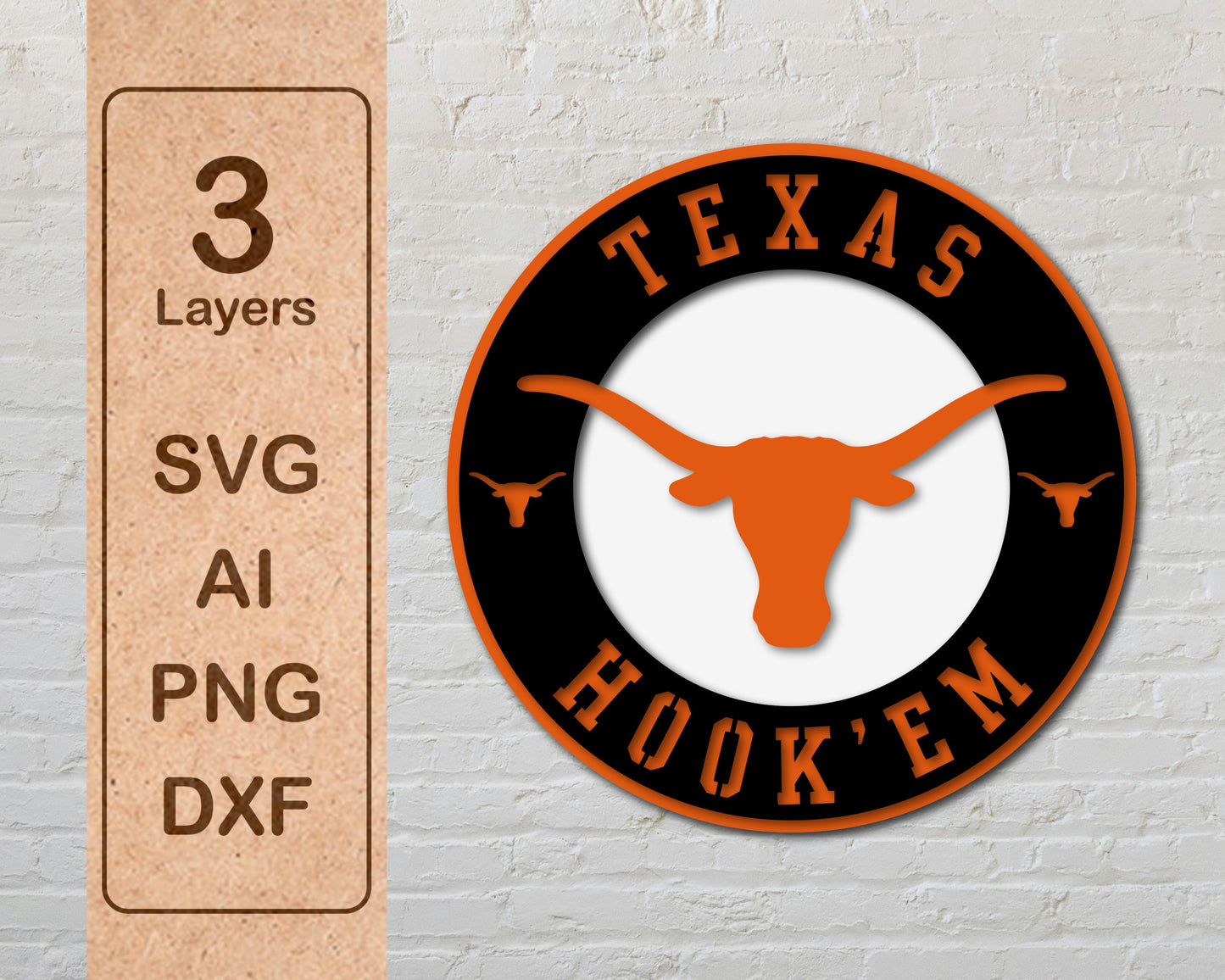 Texas Hook 'Em Football Team Design Logo Multilayer Laser Cut files svg dxf ai png