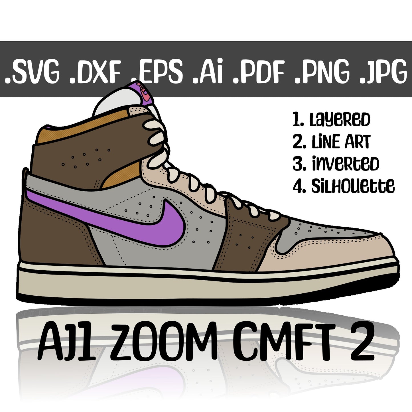Nike Air Jordan 1 Zoom CMFT 2 Sneakers SVG. 4 variations (color, silhouette, outline, Black & White). SVG, DXF, EPS, AI, PDF, PNG, JPG files