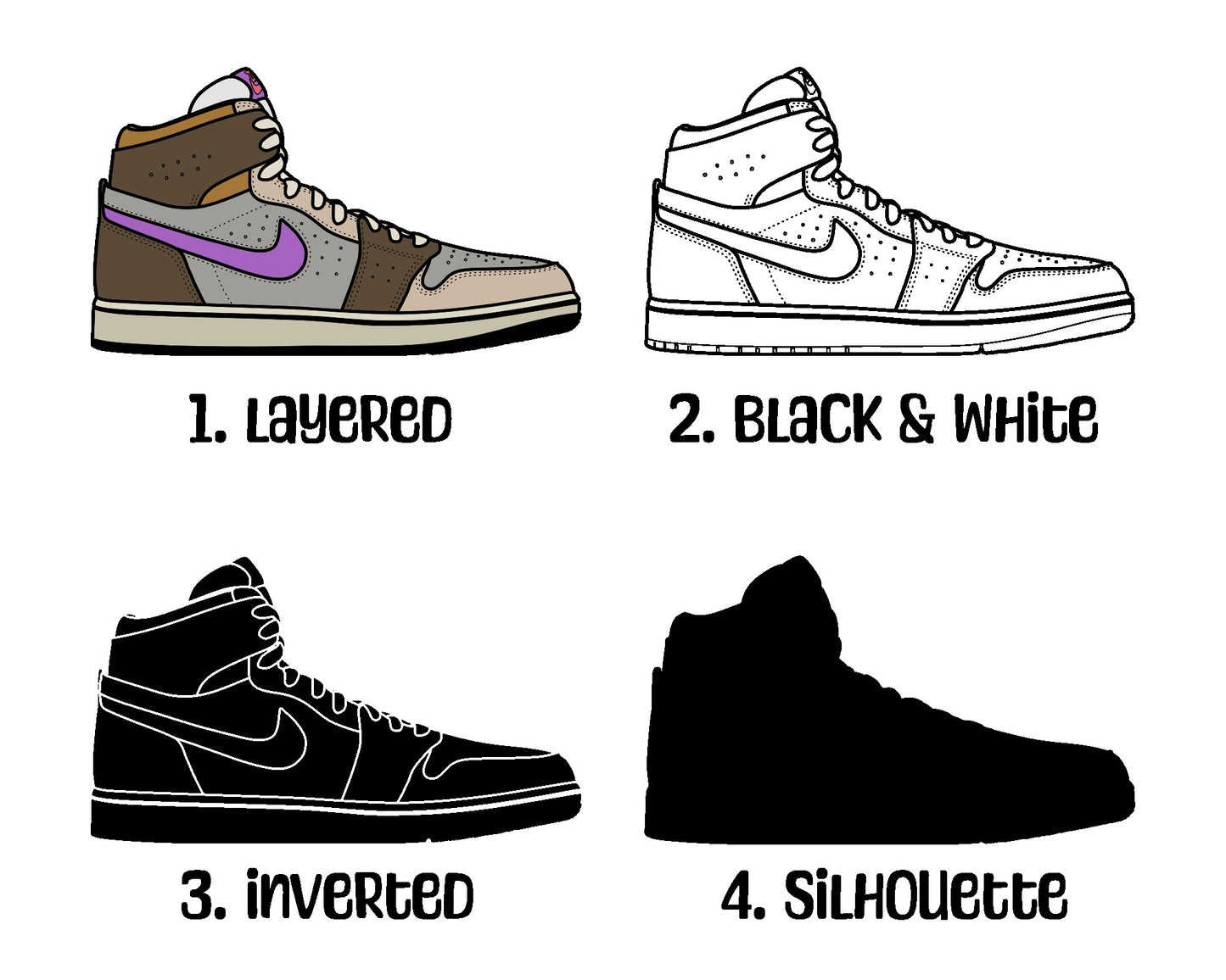 Nike Air Jordan 1 Zoom CMFT 2 Sneakers SVG. 4 variations (color, silhouette, outline, Black & White). SVG, DXF, EPS, AI, PDF, PNG, JPG files
