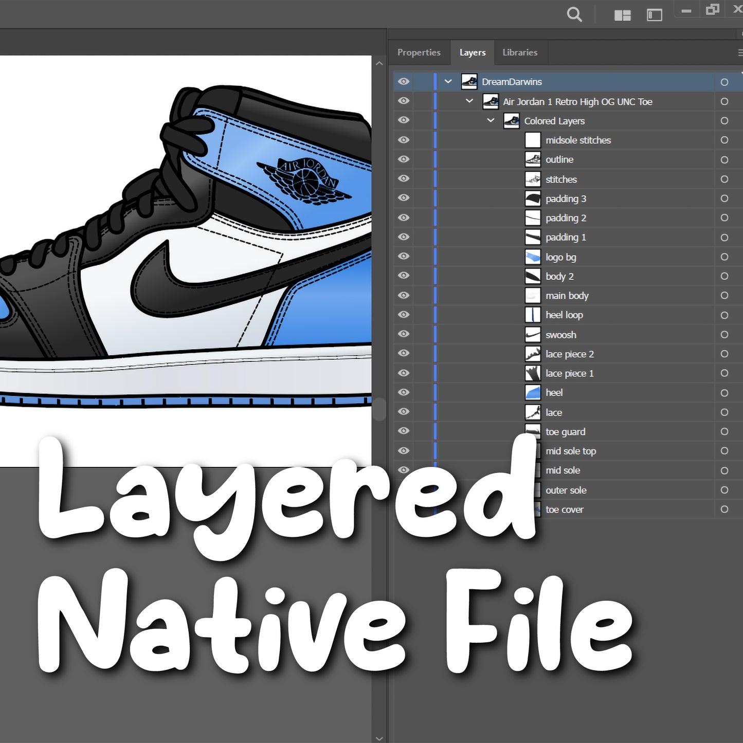 Air Jordan 1 High UNC Toe Sneakers SVG. 4 variations (color, silhouette, outline, Black & White). SVG, DXF, EPS, AI, PDF, PNG, JPG files