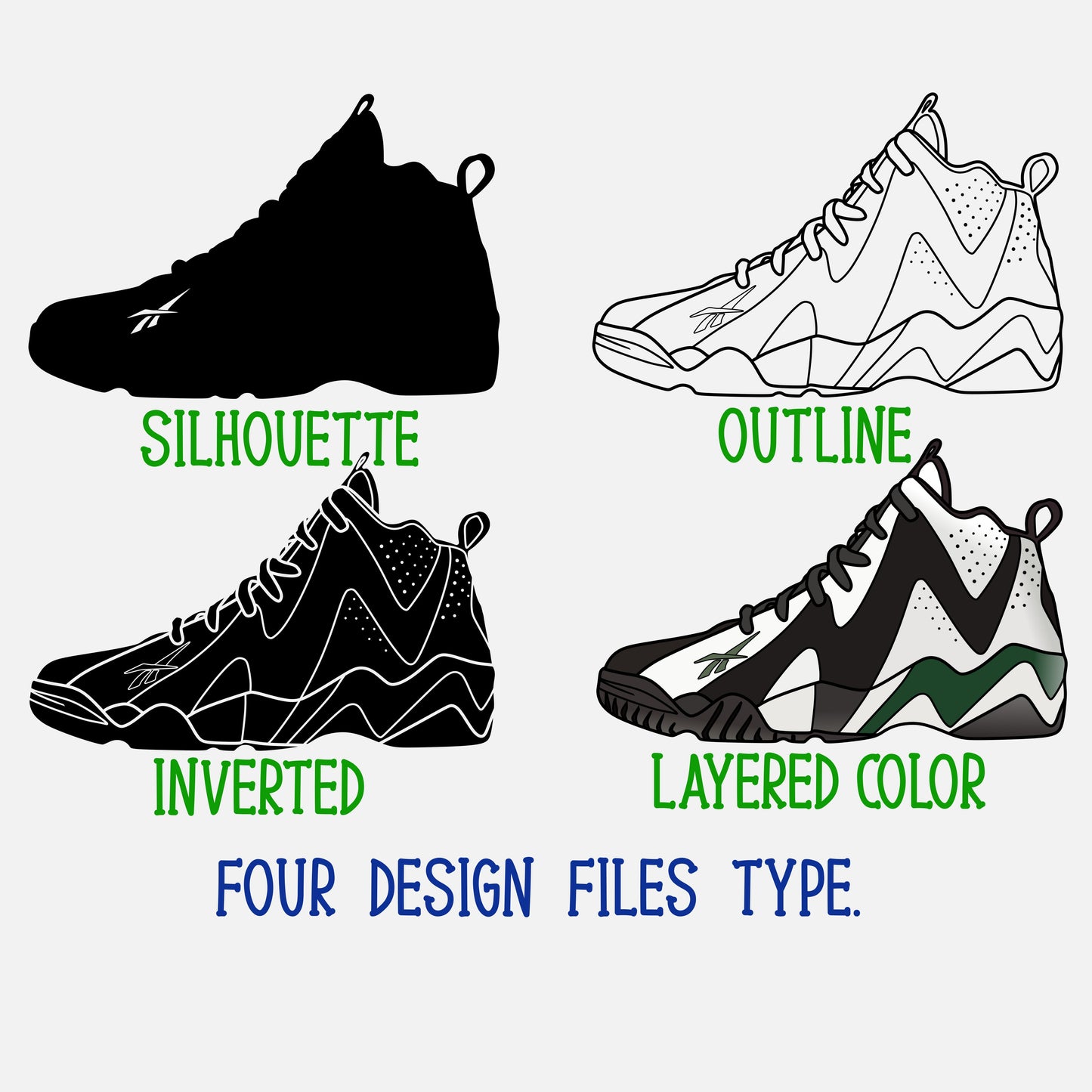 Reebok Kamikaze II Sneakers SVG. 4 variations (color, silhouette, outline, Black & White). SVG, DXF, EPS, AI, PDF, PNG, JPG files
