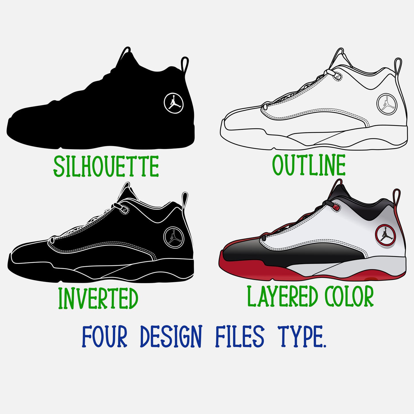 Air Jordan Jumpman Sneakers SVG. 4 variations (color, silhouette, outline, Black & White). SVG, DXF, EPS, AI, PDF, PNG, JPG files