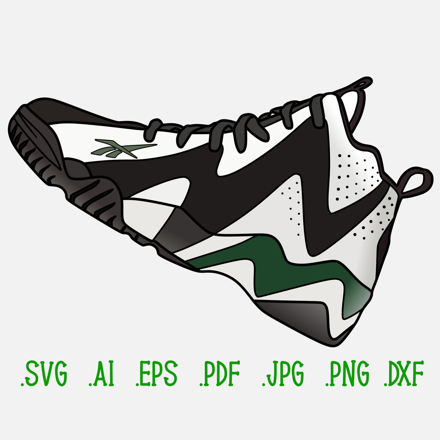 Reebok Kamikaze II Sneakers SVG. 4 variations (color, silhouette, outline, Black & White). SVG, DXF, EPS, AI, PDF, PNG, JPG files