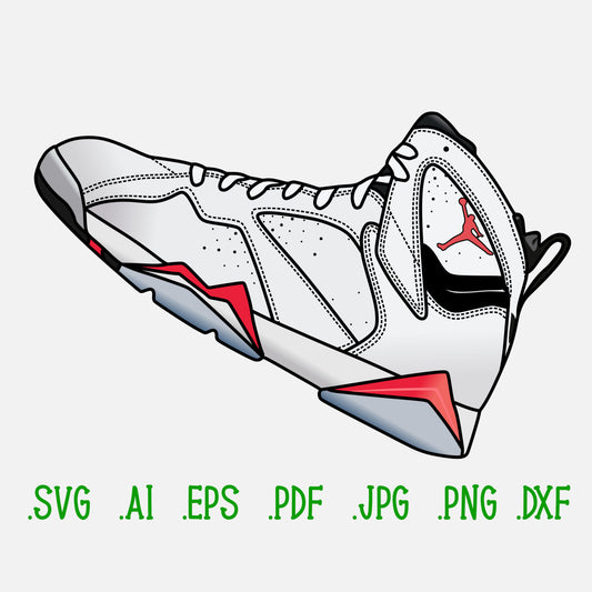 Air Jordan 7 Sneakers SVG. 4 variations (color, silhouette, outline, Black & White). SVG, DXF, EPS, AI, PDF, PNG, JPG files