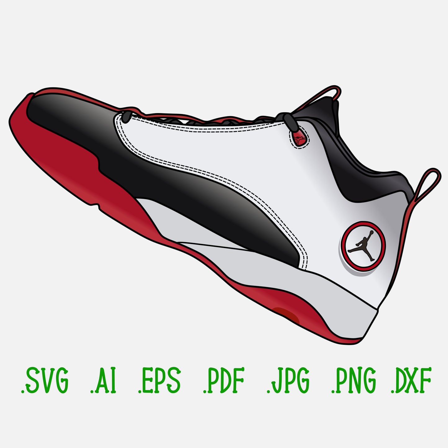 Air Jordan Jumpman Sneakers SVG. 4 variations (color, silhouette, outline, Black & White). SVG, DXF, EPS, AI, PDF, PNG, JPG files
