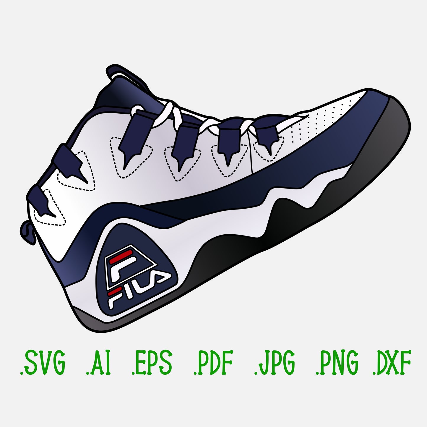 Fila Grant Hill Sneakers SVG. 4 variations (color, silhouette, outline, Black & White). SVG, DXF, EPS, AI, PDF, PNG, JPG files