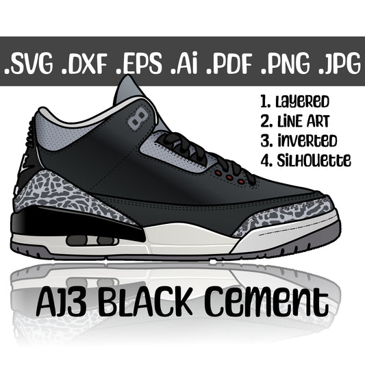 Air Jordan 3 Black Cement. 4 variations (color, silhouette, outline, Black & White). SVG, DXF, EPS, AI, PDF, PNG, JPG files