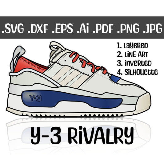 Adidas Y-3 Rivalry. 4 variations (color, silhouette, outline, Black & White). SVG, DXF, EPS, AI, PDF, PNG, JPG files