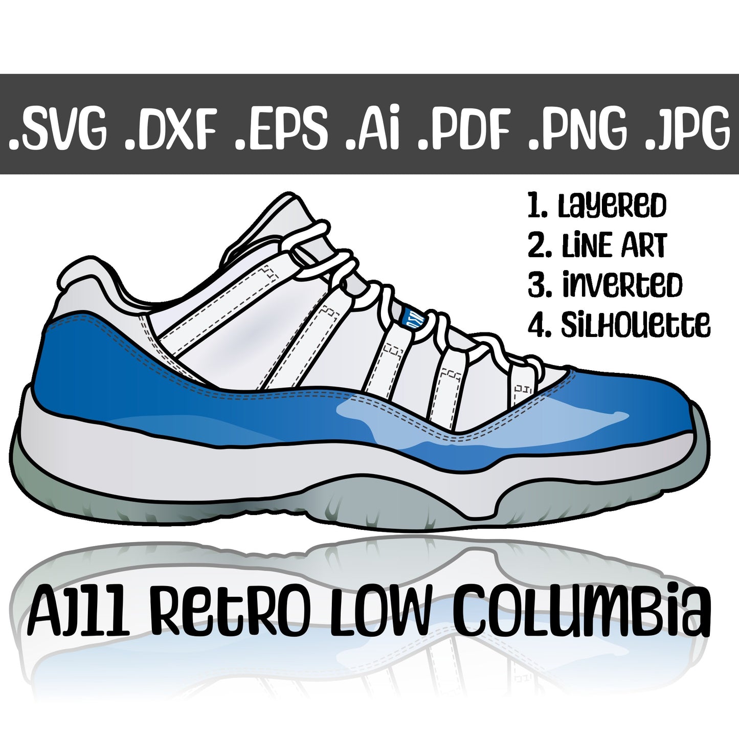 Air Jordan 11 Retro Low Columbia Blue Sneakers SVG. 4 variations (color, silhouette, outline, Black & White). SVG, DXF, EPS, AI, PDF, PNG, JPG files