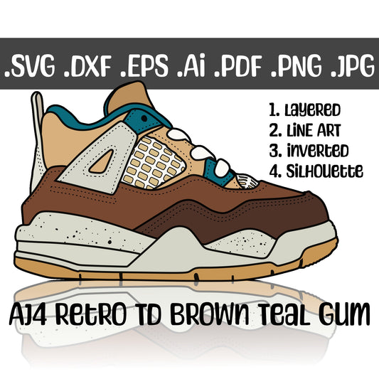Sneakers SVG AJ4 Retro TD Brown Teal Gum Sneakers SVG . 4 variations (color, silhouette, outline, Black & White). SVG, DXF, EPS, AI, PDF, PNG, JPG files.