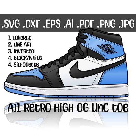 Air Jordan 1 High UNC Toe Sneakers SVG. 4 variations (color, silhouette, outline, Black & White). SVG, DXF, EPS, AI, PDF, PNG, JPG files