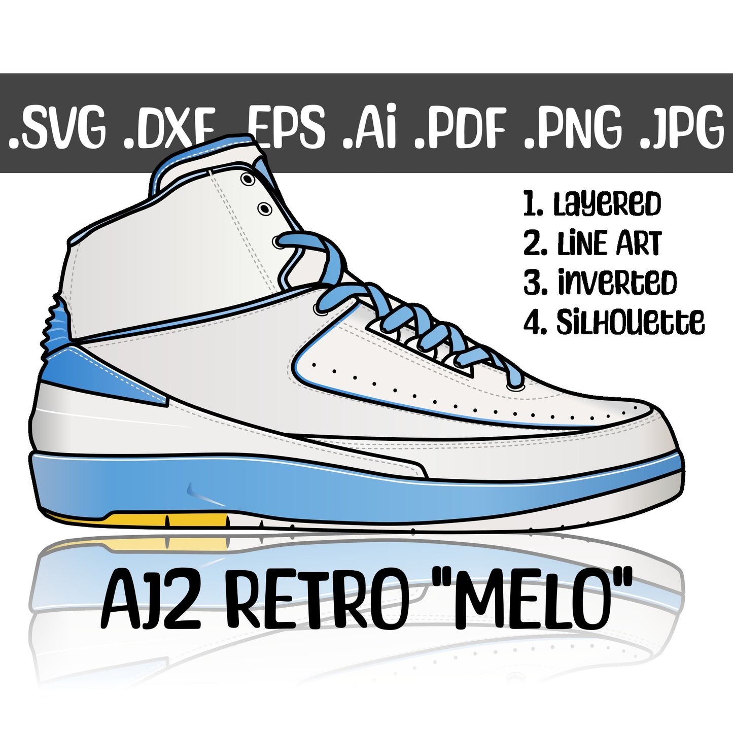 Air Jordan 2 Retro Melo Sneakers SVG. 4 variations (color, silhouette, outline, Black & White). SVG, DXF, EPS, AI, PDF, PNG, JPG files