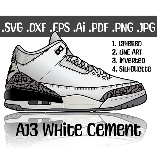 Air Jordan 3 White Cement. 4 variations (color, silhouette, outline, Black & White). SVG, DXF, EPS, AI, PDF, PNG, JPG files