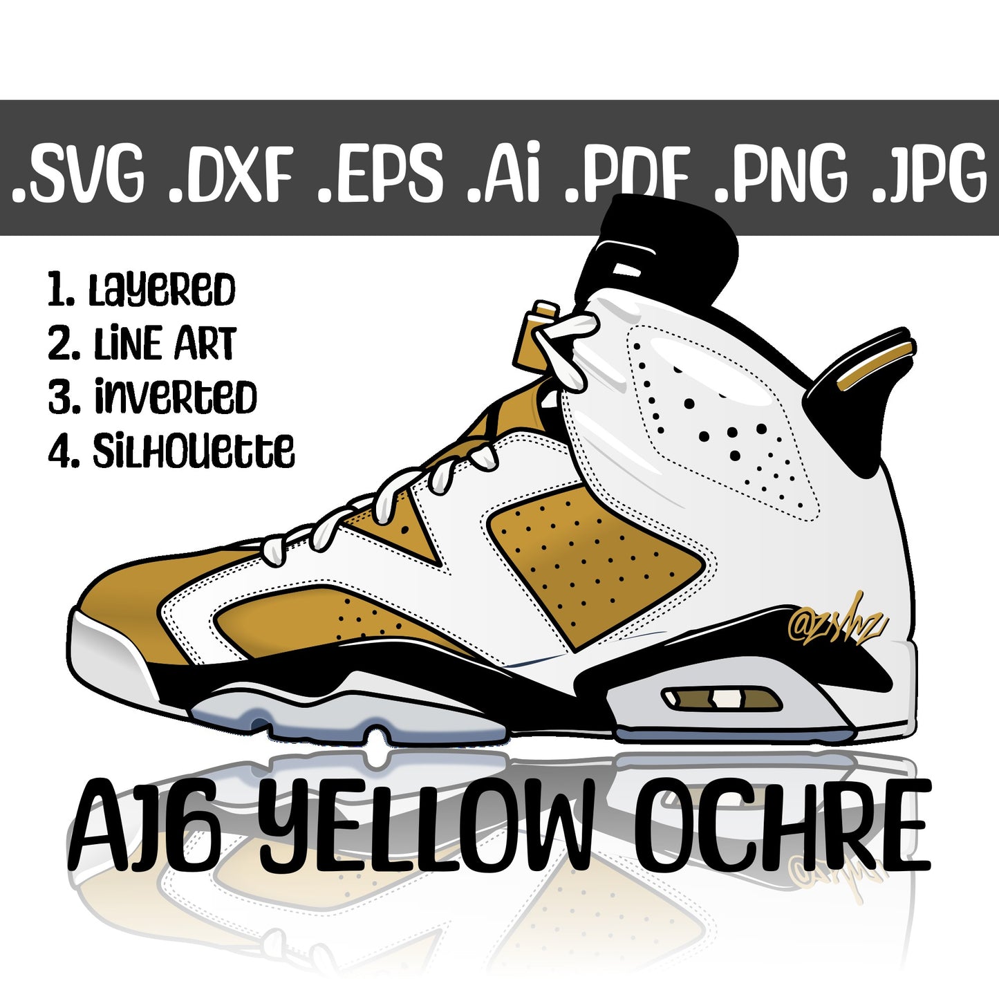 Air Jordan 6 Yellow Ochre Sneakers SVG. 4 variations (color, silhouette, outline, Black & White). SVG, DXF, EPS, AI, PDF, PNG, JPG files