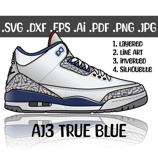 Air Jordan 3 True Blue Sneakers SVG. 4 variations (color, silhouette, outline, Black & White). SVG, DXF, EPS, AI, PDF, PNG, JPG files