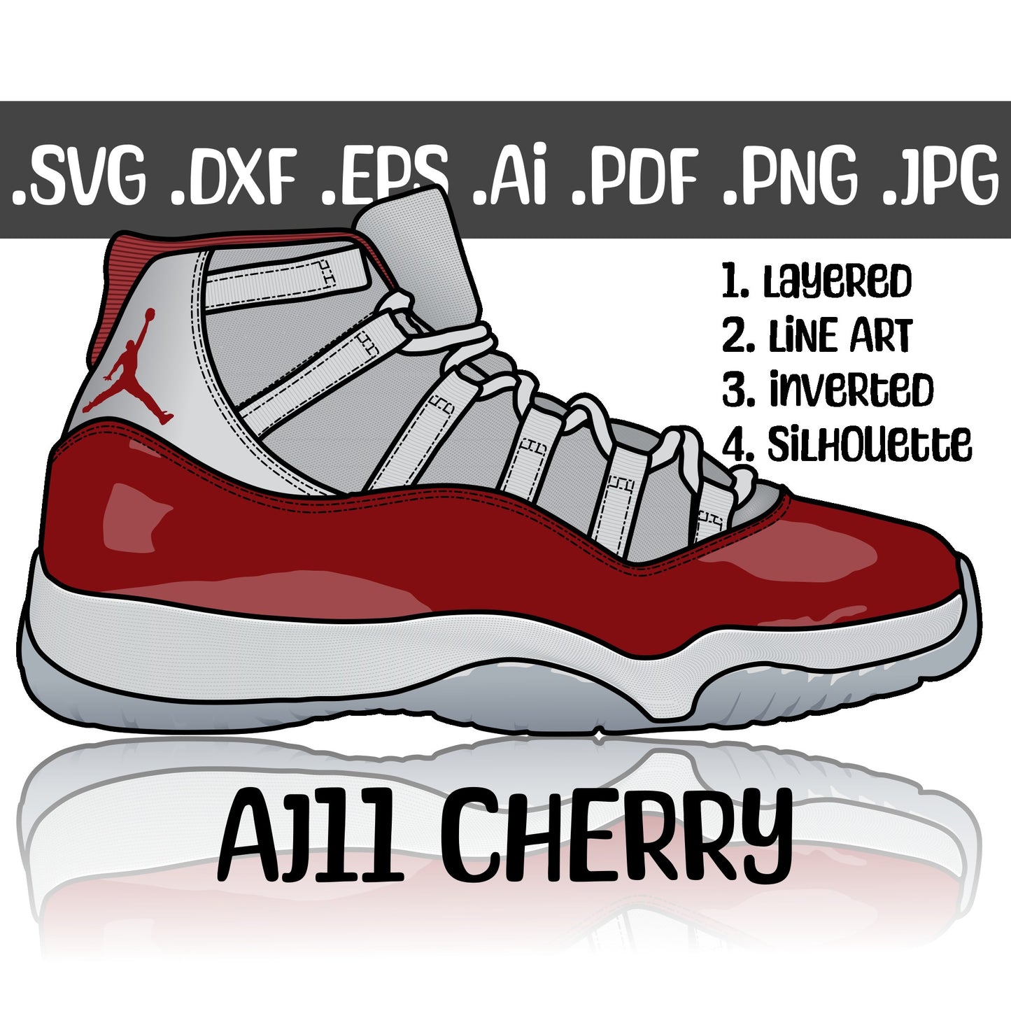 Air Jordan 11 Cherry. 4 variations (color, silhouette, outline, Black & White). SVG, DXF, EPS, AI, PDF, PNG, JPG files