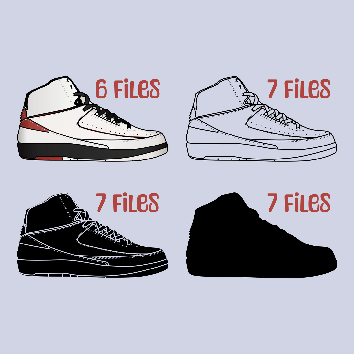 Air Jordan 2 Retro Chicago. 4 variations (color, silhouette, outline, Black & White). SVG, DXF, EPS, AI, PDF, PNG, JPG files