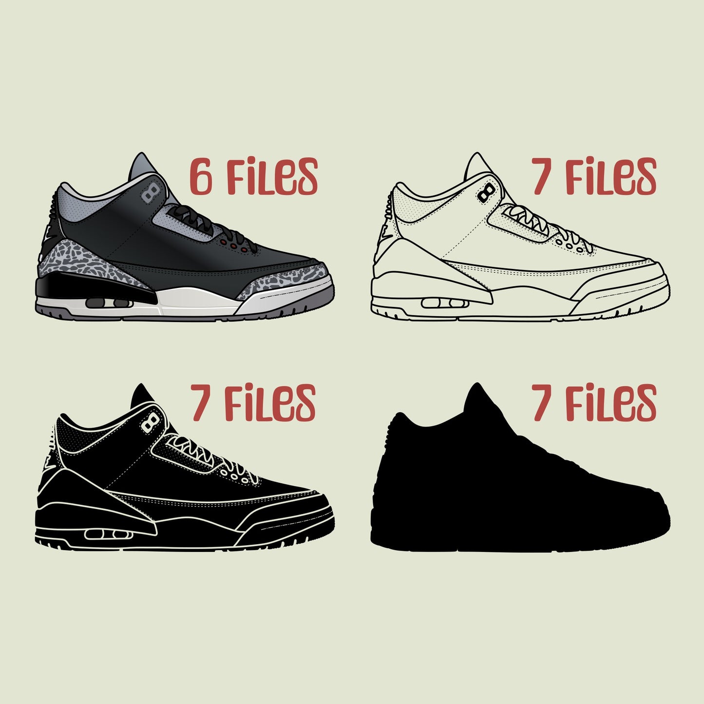 Air Jordan 3 Black Cement. 4 variations (color, silhouette, outline, Black & White). SVG, DXF, EPS, AI, PDF, PNG, JPG files