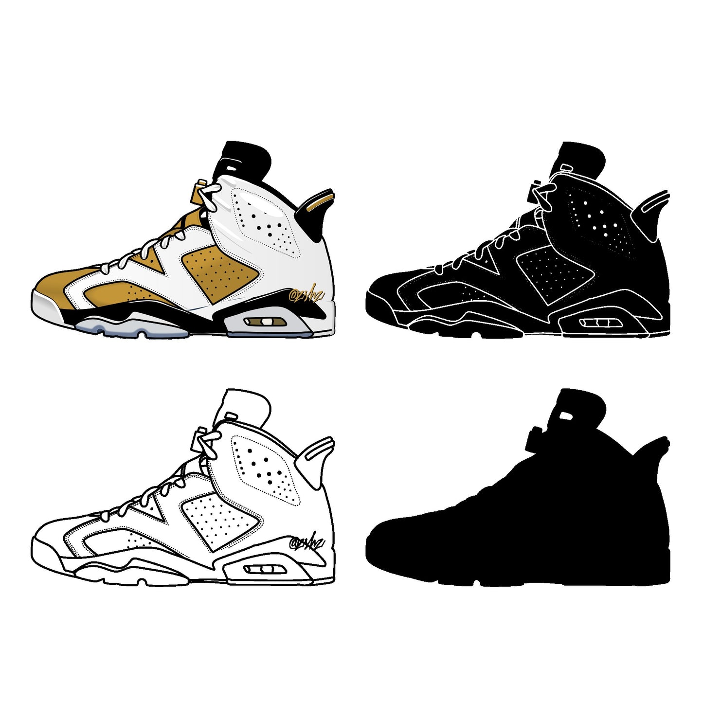 Air Jordan 6 Yellow Ochre Sneakers SVG. 4 variations (color, silhouette, outline, Black & White). SVG, DXF, EPS, AI, PDF, PNG, JPG files