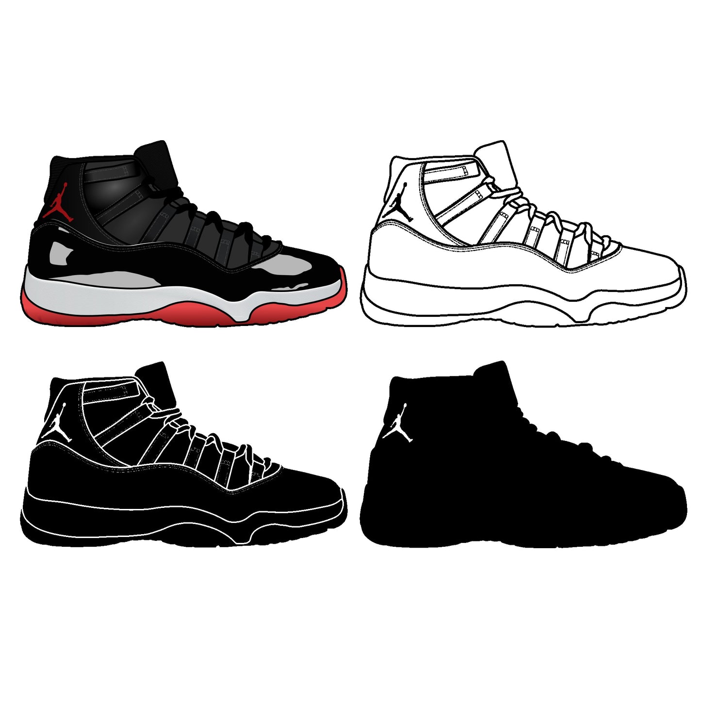 Air Jordan 11 Black White Red. 4 variations (color, silhouette, outline, Black & White). SVG, DXF, EPS, AI, PDF, PNG, JPG files