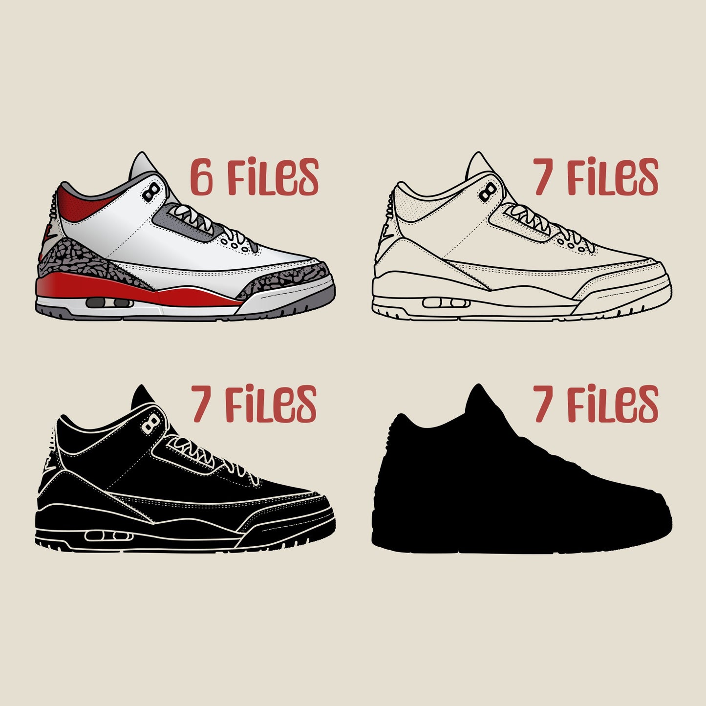Air Jordan 3 Fire Red Sneakers SVG. 4 variations (color, silhouette, outline, Black & White). SVG, DXF, EPS, AI, PDF, PNG, JPG files