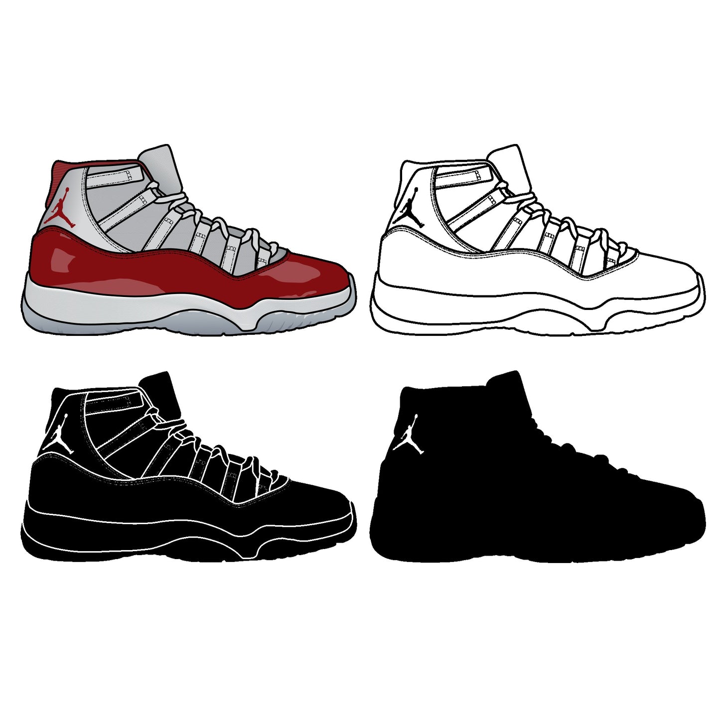 Air Jordan 11 Cherry. 4 variations (color, silhouette, outline, Black & White). SVG, DXF, EPS, AI, PDF, PNG, JPG files