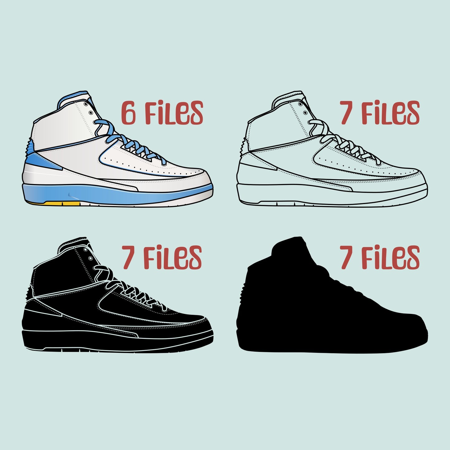 Air Jordan 2 Retro Melo Sneakers SVG. 4 variations (color, silhouette, outline, Black & White). SVG, DXF, EPS, AI, PDF, PNG, JPG files