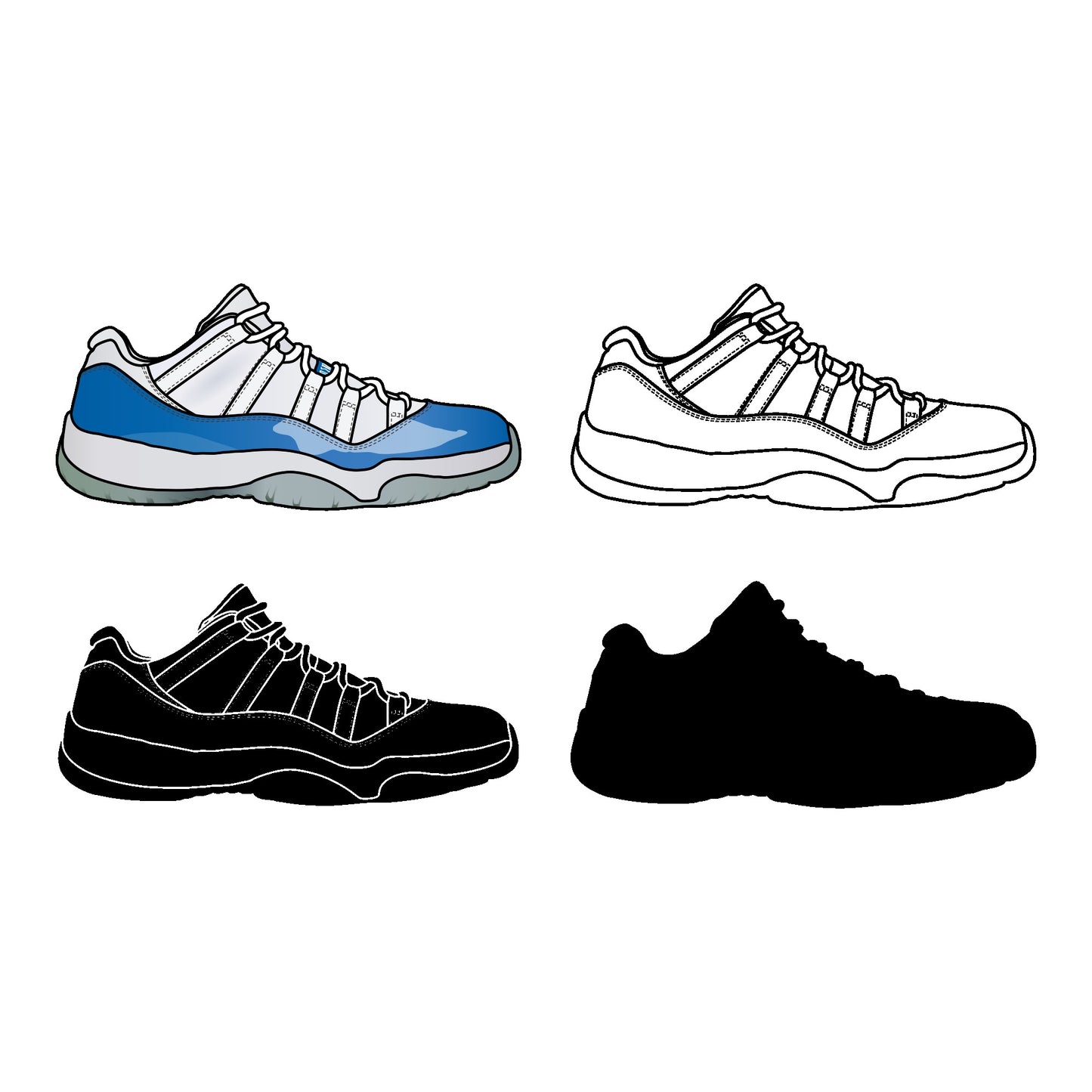 Air Jordan 11 Retro Low Columbia Blue Sneakers SVG. 4 variations (color, silhouette, outline, Black & White). SVG, DXF, EPS, AI, PDF, PNG, JPG files