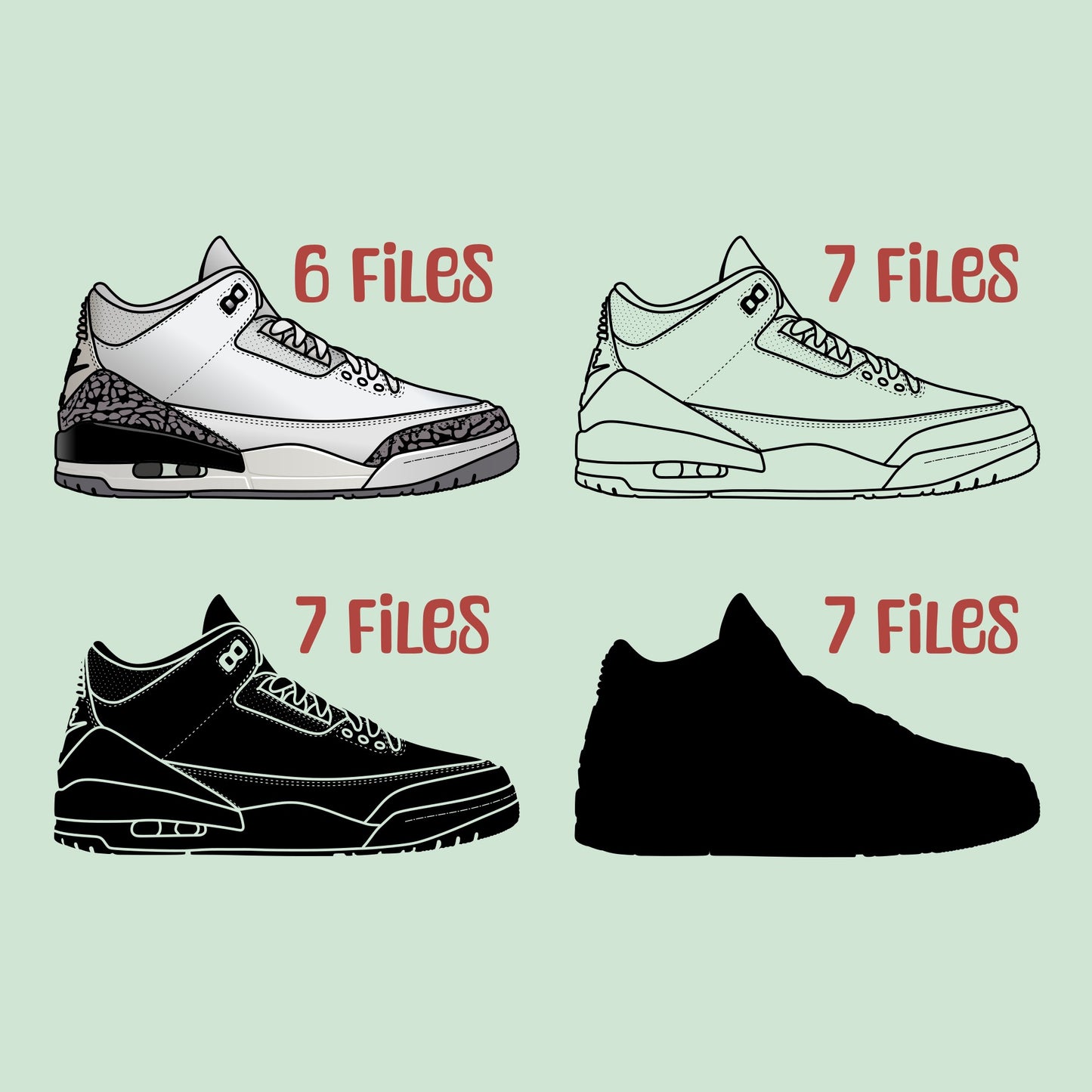 Air Jordan 3 White Cement. 4 variations (color, silhouette, outline, Black & White). SVG, DXF, EPS, AI, PDF, PNG, JPG files