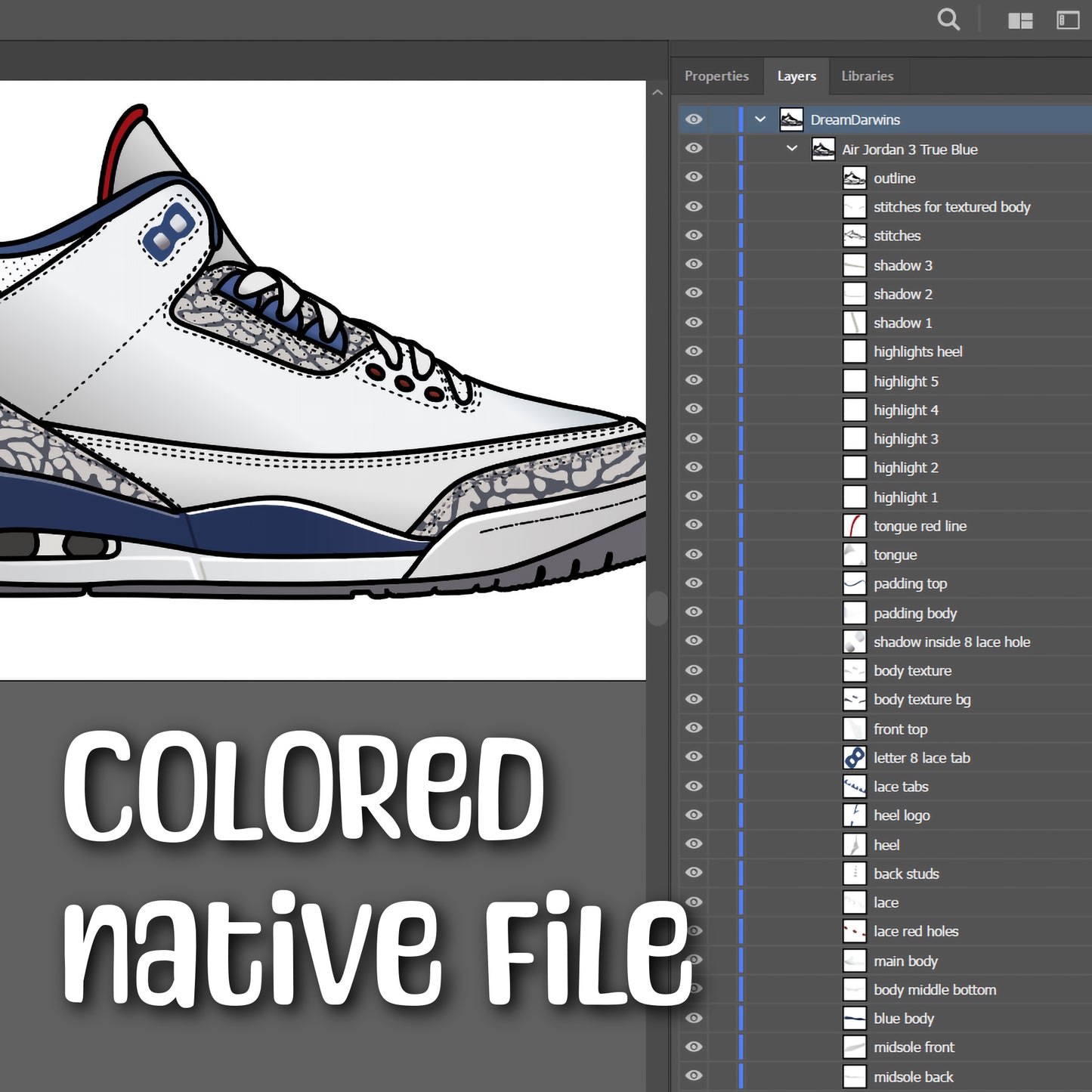 Air Jordan 3 True Blue Sneakers SVG. 4 variations (color, silhouette, outline, Black & White). SVG, DXF, EPS, AI, PDF, PNG, JPG files