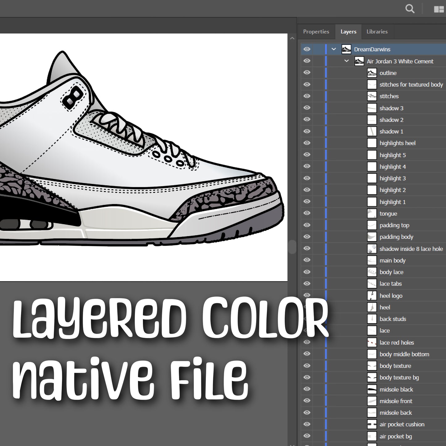 Air Jordan 3 White Cement. 4 variations (color, silhouette, outline, Black & White). SVG, DXF, EPS, AI, PDF, PNG, JPG files